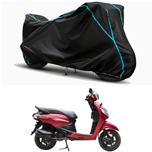 Image of Waterproof Bike Body Cover Compatible for | Hero Pleasure Plus XTEC | Taffeta Fabric, Sky Piping Design, Bottom Elastic Fit | Dustproof, Sun UV & Rain Protection for All Weather.
