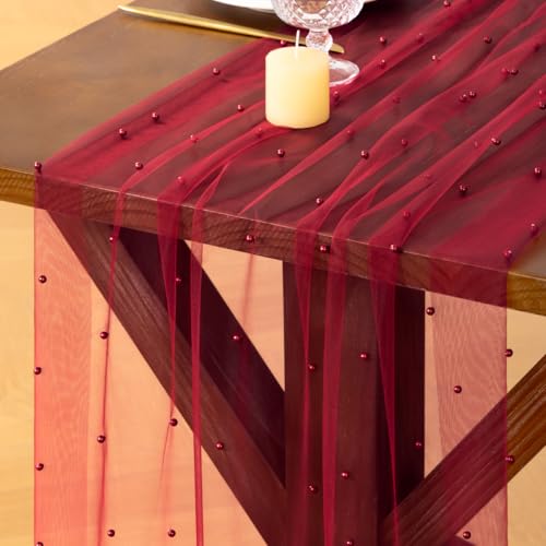 Socomi Pearl Table Runner Tulle Red Summer Cheesecloth 10FT Gauze Cheese Cloth Sheer Chiffon Dining Wedding Birthday Party Baby Shower Bridal Anniversary Holiday Centerpiece Table Decor