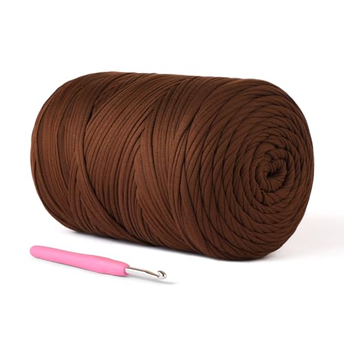 Image of (800g /228yds) T Shirt Yarn, Soft Tshirt Crochet Yarn for Crafts and DIY Knitting Crocheting Cloth /Bag /Basket /Coaster, 100% Polyeste Elastic Fabric Chunky Thick Yarns for Crocheting (Coffee)
