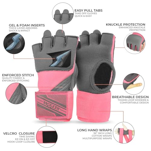 Image of WYOX Neoprene Gel Boxing Hand Wraps Inner Gloves for Men & Women - 80cm /31in Quick Wrist Strap, Padded Knuckle Protection, Fingerless MMA Muay Thai Kickboxing Wraps for Training & Martial Arts