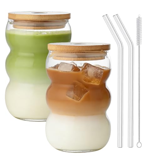 VITEVER Matcha Latte Glas 2pcs 550ml Glasbecher mit Deckel und Strohhalm Latte Gläser Bubble Glasbecher Macchiato Gläser Cocktailglas Kaffeeglas Eiskaffee Trinkglas mit Bürste und Strohhalm