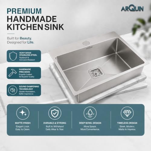Image of ARQUIN Kitchen Sink 24x18x10 Inch Handmade Single Bowl Tap Hole Matt Finish Kitchen Sink 304 Grade Stainless Steel Kitchen Sinks | Sink For Kitchen Basin Square Drainer and Adjustable Fruit Basket