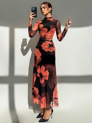 Image of Women's Bodycon Maxi Dress Fall Spring Fashion Long Sleeve Floral Print Tight Fitted Party Club Ruched Dresses