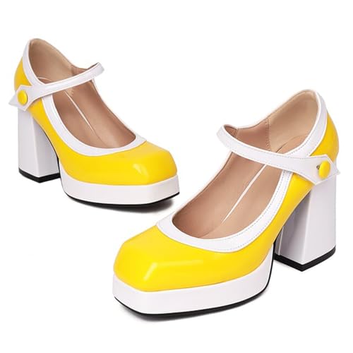 Alyaafifa Platform Chunky Heel Pumps for Women Comfortable Sexy Closed Square Toe Two-Tone Mary Jane Dress Shoes Patent Leather Party Business Evening Night Club Wedding3