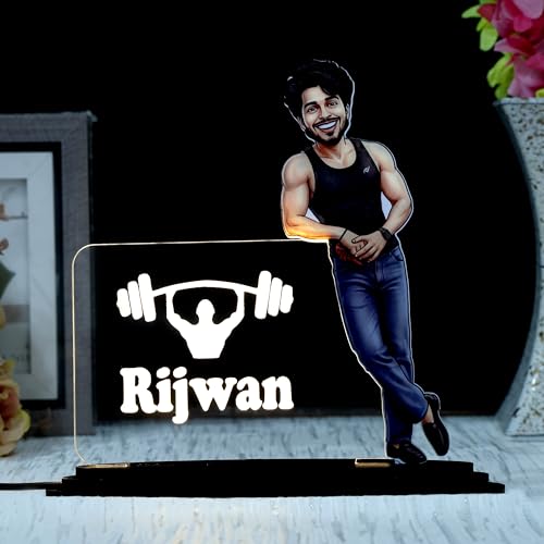 Image of customized gift for men - Bodybuilder Caricature with LED Acrylic Name Plate, Gym Sando Style Personalized 3D Standee.