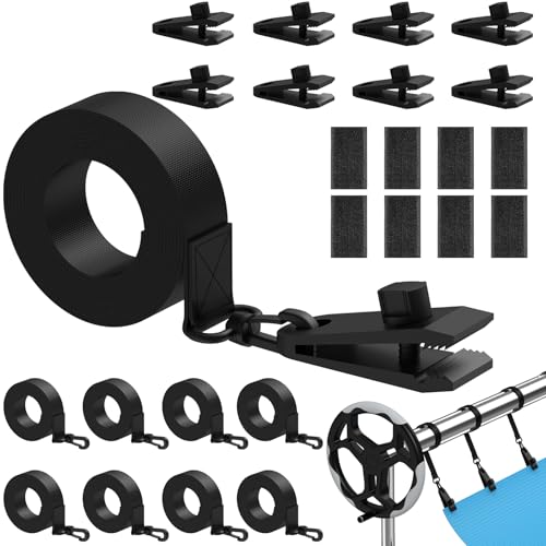 Goovilla 24 Pcs Pool Solar Cover Reel Attachment Kit, Inground Swimming Pool Solar Cover Straps and Clips, Weather Resistant Solar Blanket 8 Strap Kit with 8 Hooks and 8 Touch Fastener, Black