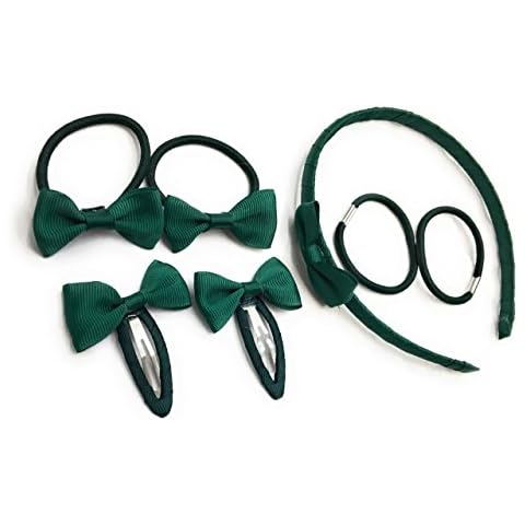 7 PIECE SCHOOL COLOURS Hair Bow Snap Clips SET ALICE BAND PONIOS PonyTail Holder Headband - Green Cover