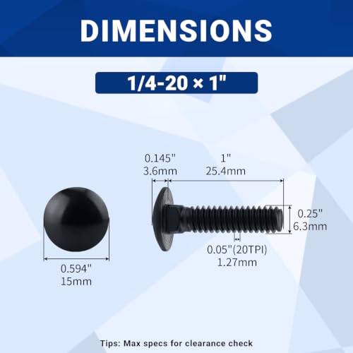 Image of 1 /4-20 x 1 Black Carriage Bolts with Nuts and Washers Kits (20 Sets), 304 Stainless Steel 18 /8, Black Finish, Round Head, Square Neck, Heavy Duty Bolts, Indoor Outdoor Fastening Bolts, Fayeploo