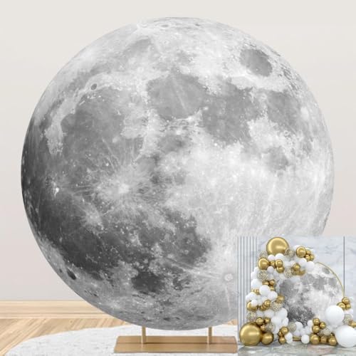 DORCEV Diameter 4ft Outer Space Round Backdrop Cover Universe Moon Surface Mysterious Fantasy Cosmic Planet Photography Background for Boy Birthday Party Decor Kids Adults Art Portrait Photo Props
