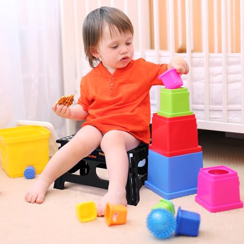 Image of Flottian 9 inch Folding Step Stool for Adults and Kids 15-Inch Extra Wide Stool Holds Up to 300 lbs,Non-Slip Folding Stools with Handle,Compact Plastic Foldable Step Stool for Bathroom,Kitchen,ect