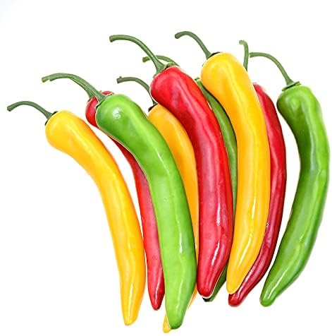PsajfzZ 9 Pcs Fake Chili Fake Artificial Fruit Home House Kitchen Party Decoration Photo Props Chili Model Three-Colour (Green Yellow Red) Each Color 3 Pcs