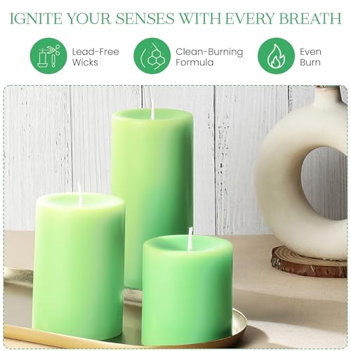 Image of D'Velas Pack of 3 Unscented Green Pillar Candles | Burn Time 50 /65 /80 Hours | Bonus 3oz Scented Travel Tin | Long-Lasting Paraffin Wax Candles for Home Decor, Festive Use & Events
