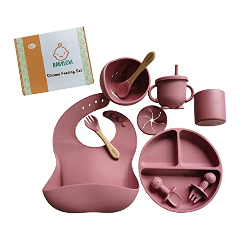 Image of BabyLovi Baby Led Weaning Supplies-100% Food Grade Silicone Baby Feeding Set- 9 Piece Set. Baby Spoons, Toddler Plates, Suctions Plates For Baby, Baby Bowls, Toddler Utensils. (Rose Pink)