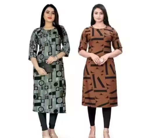 Image of Women's Printed Crepe Straight Kurta, Traditional Indian Style, 3 /4 Sleeve,with Ethnic Motifs, Pack of 2