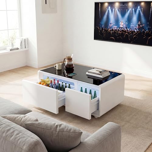 LIVTAB Smart Coffee Table, Living Room Table with Built in Fridge, 23" D x 41.5" W x 18.2" H, 15W Wireless Charging, USB Chargers and Speakers (White)