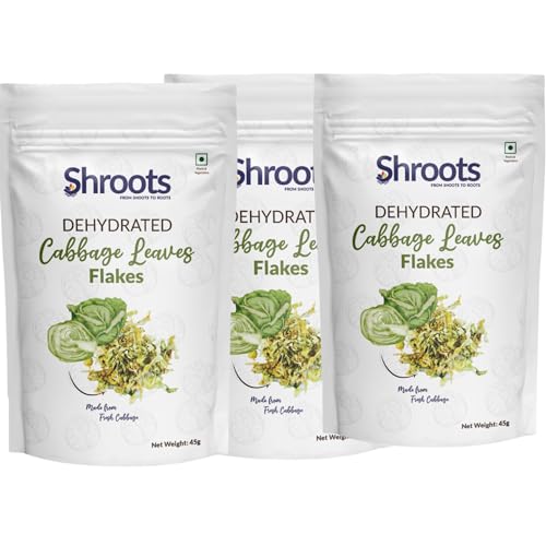 Image of SHROOTS Dehydrated Cabbage Leaves Flakes | 100% Natural & Pure Vegetarian | Machine-Dried for Maximum Freshness | No Preservatives, Nutrient-Rich & Aromatic | Ideal for Cooking, Soups, Curries & Seasoning | 45g Each (Pack of 3)