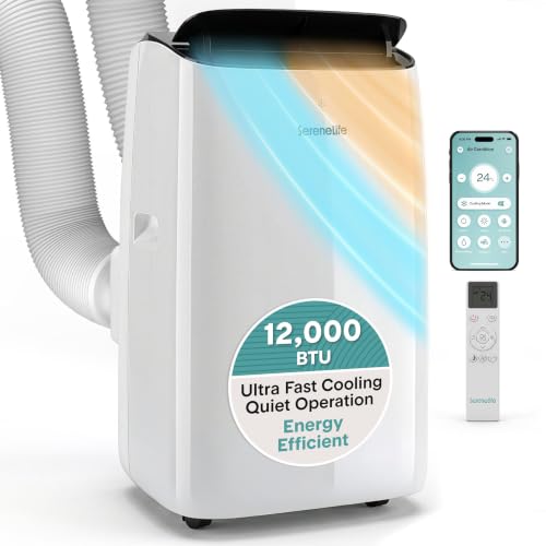 SereneLife Portable Air Conditioner 9000 BTU Compact AC Unit with Dehumidifier & Fan for Rooms up to 30 m Energy Efficient Quiet Cooling with Remote Window Kit White