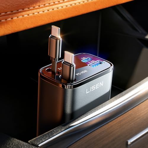 LISEN Retractable Car Charger, 84W Car Charger USB C Fast Charger Adapter for iPhone, Car Accessories for Men Women, Gifts for Fathers Day for Men Dad Husband, for iPhone 17 16 15 14 13 12 11 Samsung - View 4