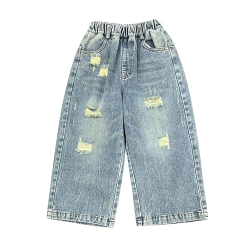 Boy's Elastic Waist Wide Leg Cargo Jeans Casual Baggy Demin Pants Loose Trendy Pants with Pockets 3-12 Years3