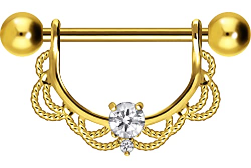 PIERCINGLINE Chirurgenstahl Nippelpiercing Barbell ORIENTALISCHES DESIGN + KRISTALL Piercing Brust Nippel Brustwarze Goldfarben 16 mm