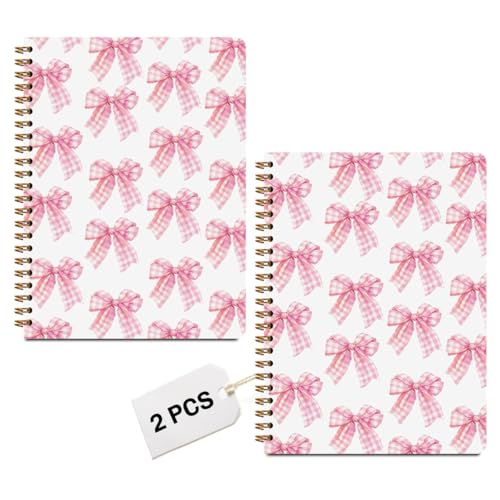 Image of 2 PCs Coquette Pink Bows Spiral Notebook Trendy Preppy Plaid Bow Journaling Notebooks Aesthetic Design Gifts for Women Girls Note Book Writing Journal Hardcover Notebook Classroom Office Supplies