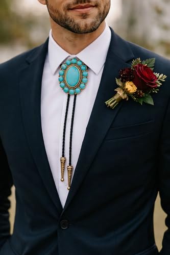 Image of GelConnie Bolo Tie for Men Women Western Cowboy Turquoise Leather Necktie | Natural Stone Bolo Tie Necklace for Women Rodeo Cowboy Leather Necktie Native American Western Cowgirl Ties Adjustable Cord