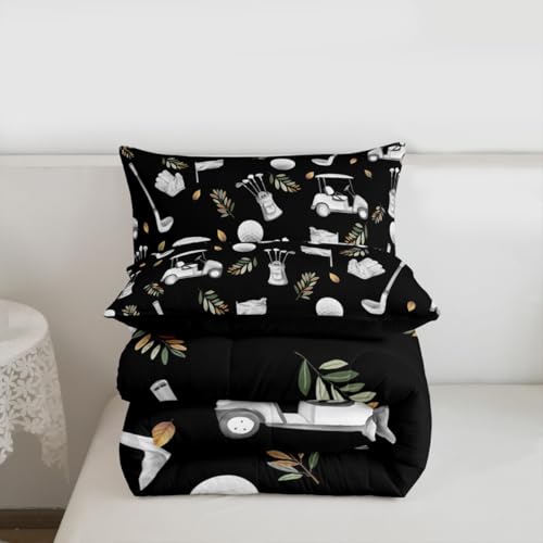 Image of Feelyou Black Golf Comforter Set Full Size Leaves Bedding Set for Kids Boys Girls Sports Golfing Theme Duvet Quilt Bedroom Decor Microfiber 3 Pcs with 2 Pillow Cases