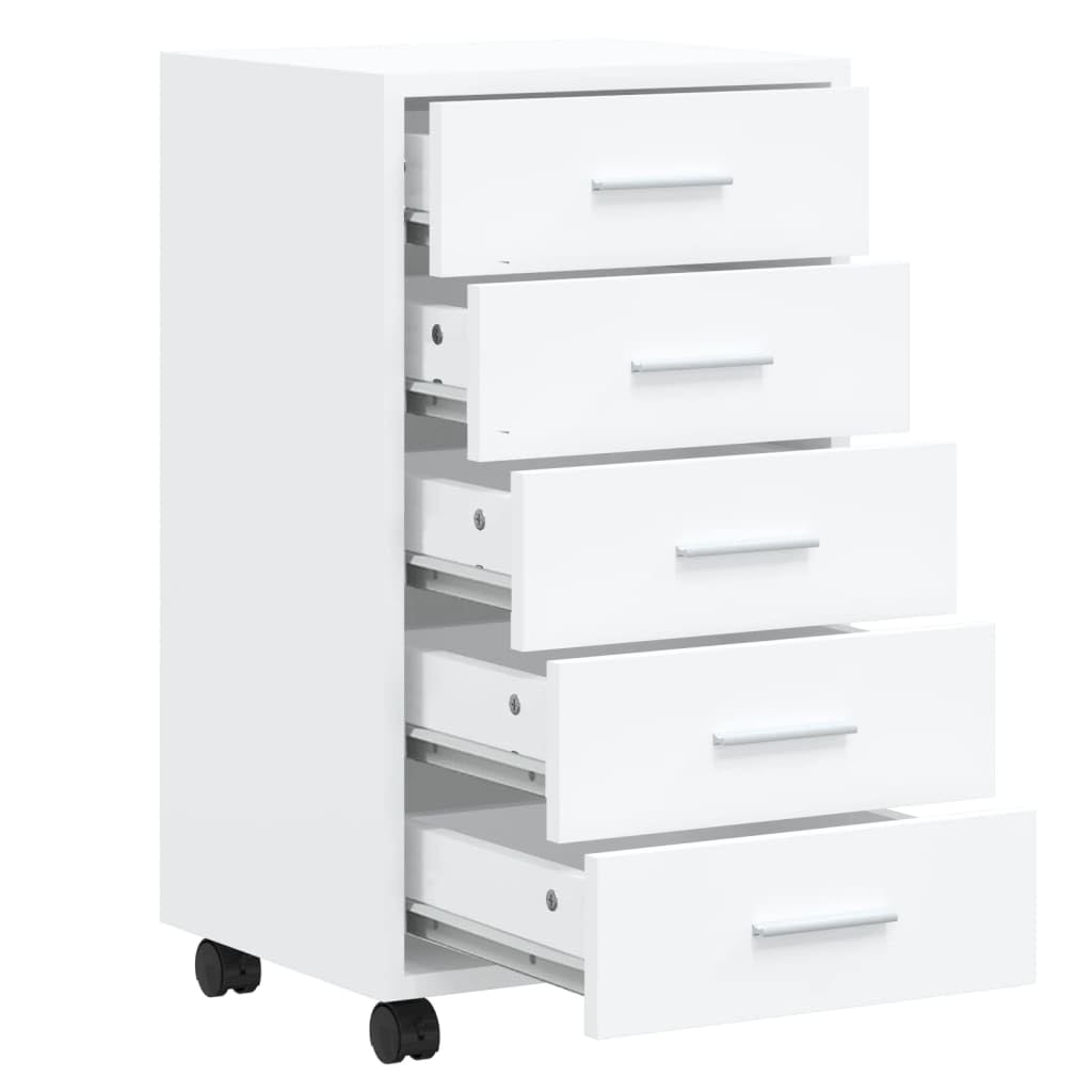 Cassettiera moderna con 5 cassetti e ruote – Cassettiera da ufficio in legno con soluzione flessibile per documenti e cancelleria