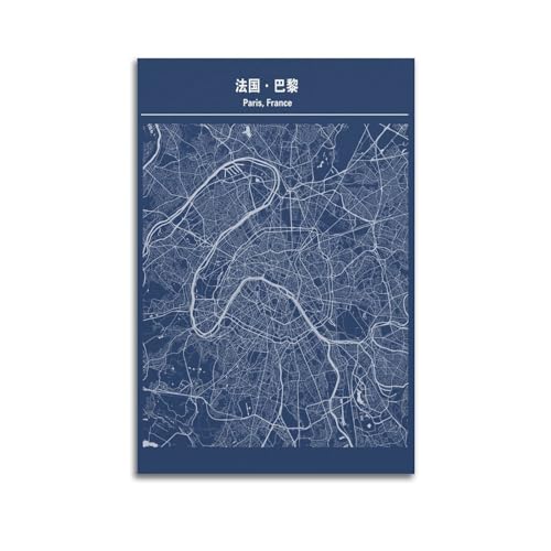 WALSFK Poster vintage con mappa dell'Europa, Francia, Parigi, su tela, decorativa, per camera da letto della famiglia, opera d'arte su tela, 60 x 90 cm