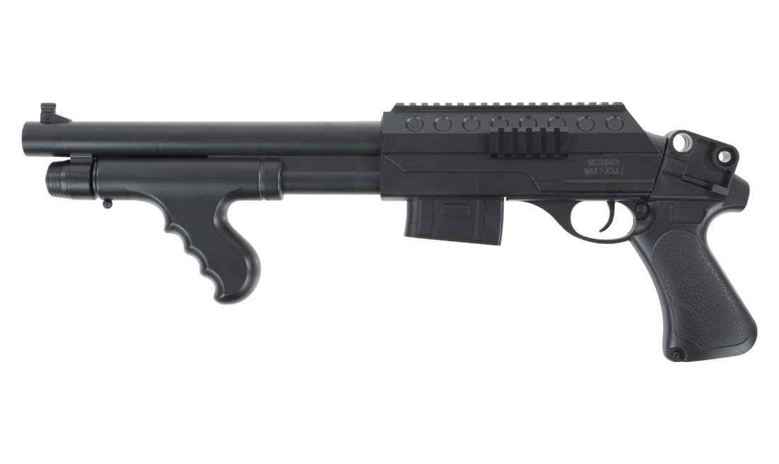 Escopeta táctica de Airsoft de Muelle Marca Saigo Defense, Calibre 6 mm, 150 fps o 0,5 Julios de Potencia, 510 mm de Longitud, de ABS Negro, diseño Compacto, Peso 500 g
