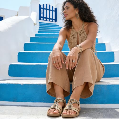 Image of UBFEN Womens Rhinestone Flat Sandals Comfortable Vacation Bohemian Style