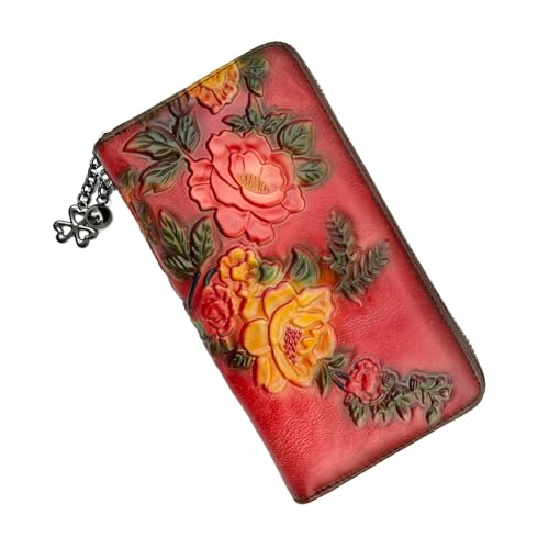 Image of Wallet Genuine Leather for Women - with RFID Blocking Card checkbook ID Slot Large Capacity Vintage style (rose red)