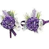 MAFELOE 2Pcs of Wrist Corsage and Boutonniere Set, Artificial Flowers Accessories Suit Decor for Wedding Prom Party Homecoming Ceremony Anniversary - Dark Purple