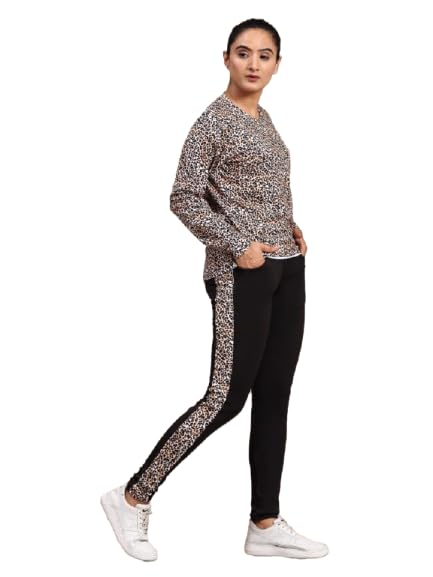 Women's Animal Print Co-ord Set | Full Sleeve Round Neck Top with Leopard Print and Slim Fit Bottoms with Printed Side Panel | Trendy Casual Wear, Lounge Wear & Travel Outfit Tracksuit 1