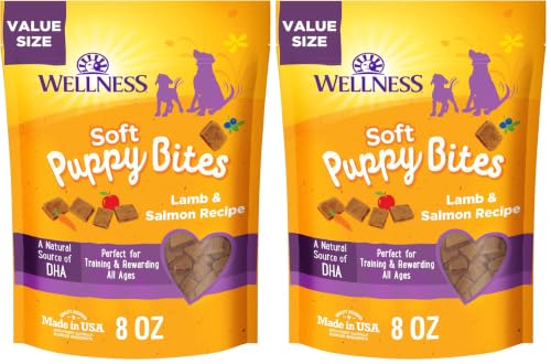 Image of Wellness Soft Puppy Bites Healthy Grain-Free Treats for Training, Dog Treats with Real Meat and DHA, No Artificial Flavors (Lamb & Salmon, 8-Ounce Bag) (Pack of 2)