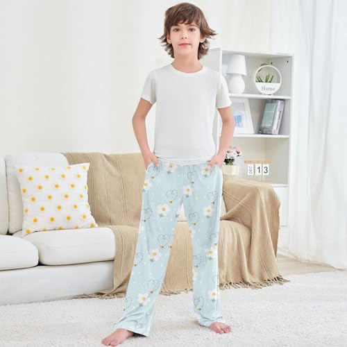 Boy's Lounge Pants Flower Bee Heart Light Blue Kids Jogger Pants Elastic Waist Long Bottoms with Pockets 6-14 Years 5