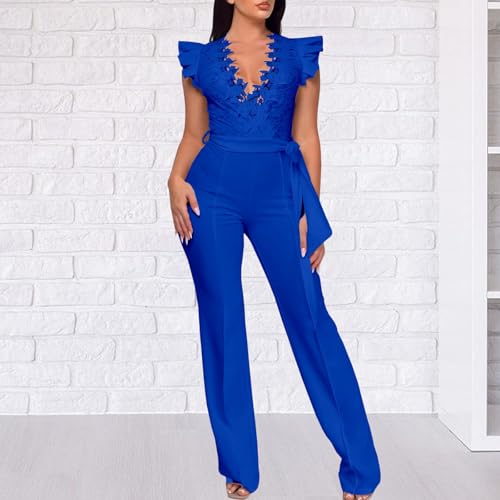 Image of PaladMom Womens Elegant Plus Size Jumpsuits Sexy Back zipper Short Sleeve Mid Waist Wide Leg Straight Rompers
