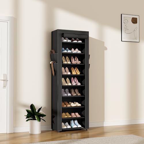 Image of LANTEFUL Narrow Shoe Rack with Cover 10 Tier Tall Shoe Rack Organizer Large Capacity Shoe Shelf Storage 18-22 Pairs Space Saving Free Standing Shoe Storage Organizer for Closet, Entryway, Dorm, Black
