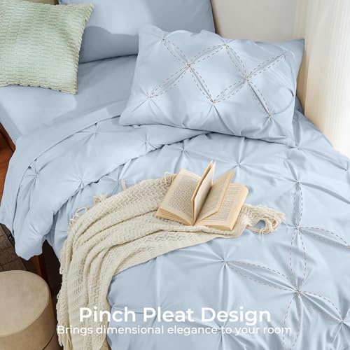 Image of Sasttie Twin Comforter Set, 5-Piece Bed in a Bag, Pintuck Bedding Sets for All Season, Includes Comforter, Flat Sheet, Fitted Sheet, Pillowcase and Pillowsham, Light Blue