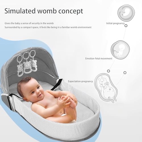 Image of 3-in-1 Portable Baby Bassinet & Diaper Bag, Foldable Travel Bed with Mosquito Net & Sun Awning, Breathable Newborn Lounger for Co-Sleeping, Lightweight Grey Infant Crib for Camping & Outdoor Use