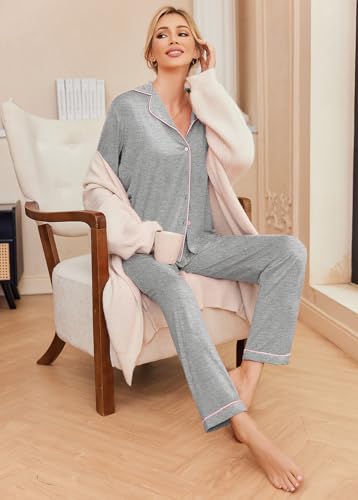 Image of Ekouaer Pajamas Women's Long Sleeve Sleepwear Soft Button Down Loungewear Pjs Lounge Set Nightwear XS-XXL