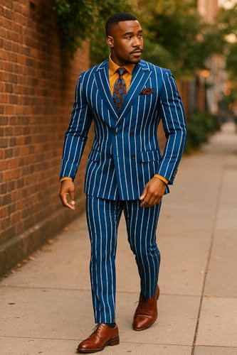 Men's Royal Blue Pinstripe Double-Breasted Suit - Bold Charcoal Stripe 1920s Gangster Fabric4