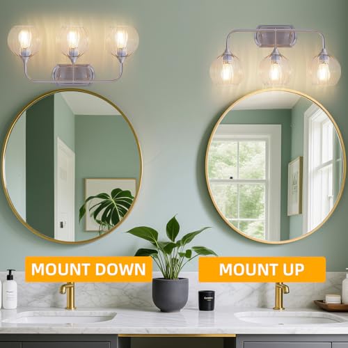 Image of MantoLite 3-Light Brushed Nickel Vanity Light,Ribbed Glass,E26 Hardwired | Bathroom Mirror Wall Lamp with Clear Glass Shade,Bathroom Light Fixtures Over Mirror ,Bulb not Included(Max 60W)