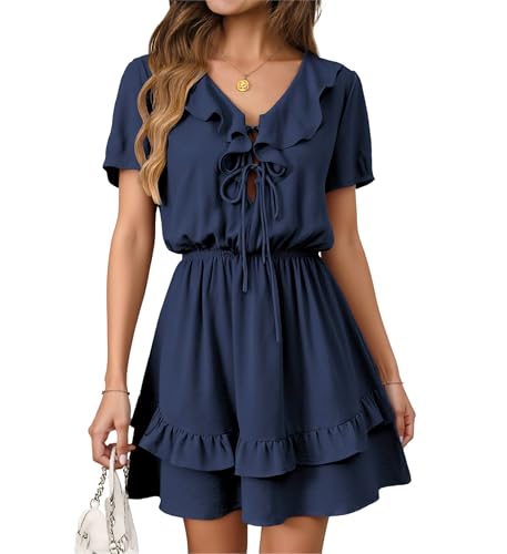 Image of Angashion Womens Tie Front Mini Dress V-Neck Ruffle Hem Summer Pockets