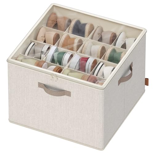 SONGMICS Organizador de Zapatos, para hasta 16 Pares de Zapatos, Ahorra Espacio, Separadores Ajustables, Apilable, Tapa Transparente, para Armario, Beige Capuchino LSP621LH01
