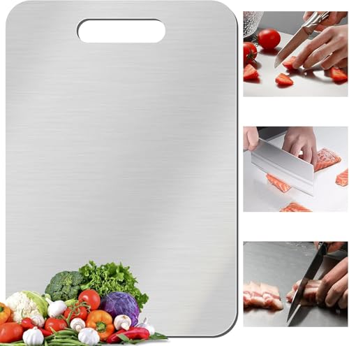 Tablas de cortar de titanio para cocina, 15.4 x 11 pulgadas, tablas de cortar de titanio de acero inoxidable de doble cara de grado alimenticio para cortar verduras y carne, fáciles de limpiar y aptas