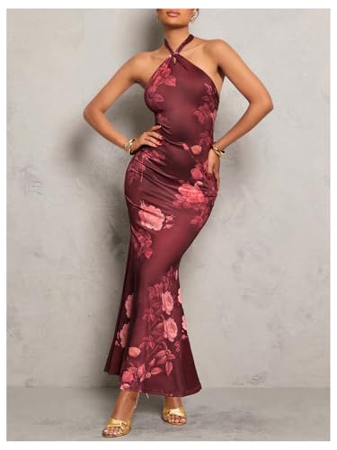 Image of GORGLITTER Women's Open Backless Wedding Guest Dress Ruch Sleeveless Ribbed Bodycon Halter Maxi Dresses