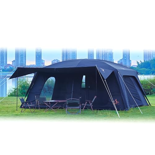 KTT Extra Large Tent 12-14 Person,Family Cabin Tents,2 Rooms,Straight Wall,2 Doors 4 Windows with Mesh,Waterproof,Straight Wall,Big Tent for Outdoor,Picnic,Camping,Gathering(Black)