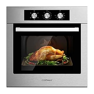 COSTWAY 24" Single Wall Oven, Electric Built-in Wall Oven with 2.47 Cu. Ft. Capacity, 5 Cooking Functions, 360° Rotisserie and Timer, 2300W Built-in Oven in Stainless Steel with Mechanical Knobs