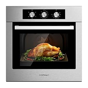 COSTWAY 24″ Single Wall Oven, Electric Built-in Wall Oven with 2.47 Cu. Ft. Capacity, 5 Cooking Functions, 360° Rotisserie and Timer, 2300W Built-in Oven in Stainless Steel with Mechanical Knobs